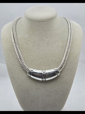 August Max Silver Tone Double Wheat Chain Curved Tube Statement Necklace 18"